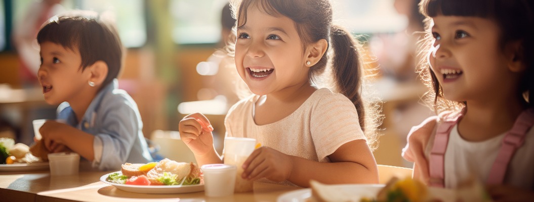 Eine Gruppe von Vorschulkindern sitzt in der Schulcafeteria und isst zu Mittag.